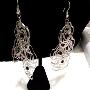 Silver Tone Cut Flower With Black Bead in Middle Pierced Ears 3.5" Boho